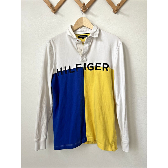 y2k Tommy Hilfiger Jeans‎ colorblock long sleeve polo shirt M LOGO spellout - Picture 1 of 7